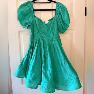 Square-Neck Puff-Sleeve Mini Dress in Teal Green